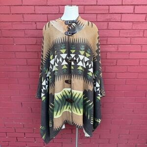 Reba Aztec Print Button Poncho Cape Shawl Boho Chic Blanket One Size